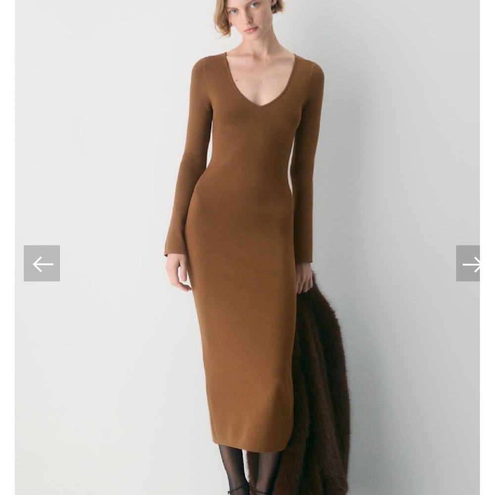 Aritzia Wilfred Chocolate Brown Knit V-Neck Midi Dress Bodycon XS Vacation
